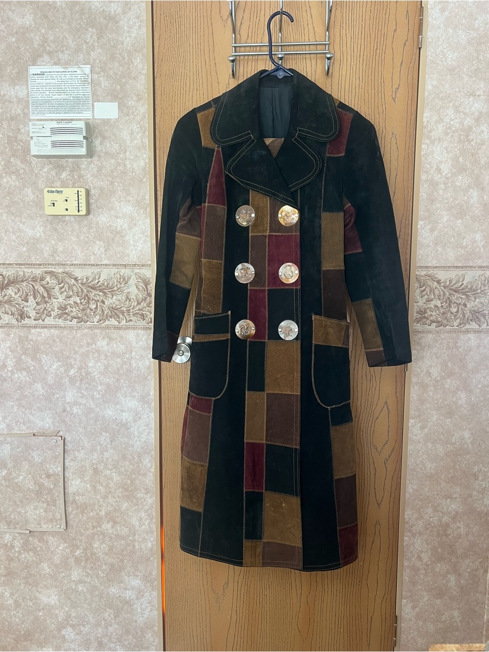 Patchwork Suede Double-Breasted Long Coat - Black, Brown, Burgundy